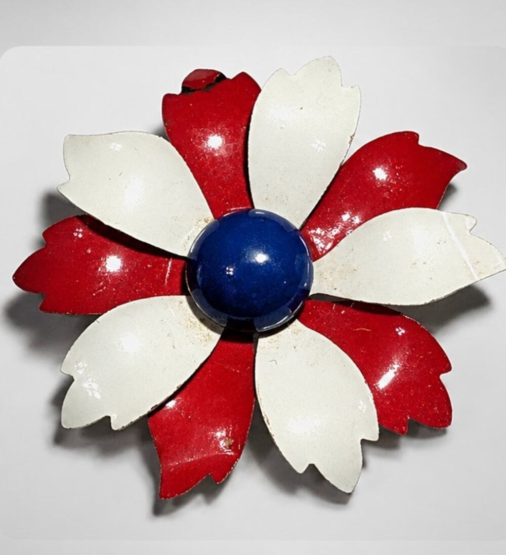 Vintage Red White Blue Enamel Flower Brooch Pin 2.5"‎ Mid-century Floral sf221
